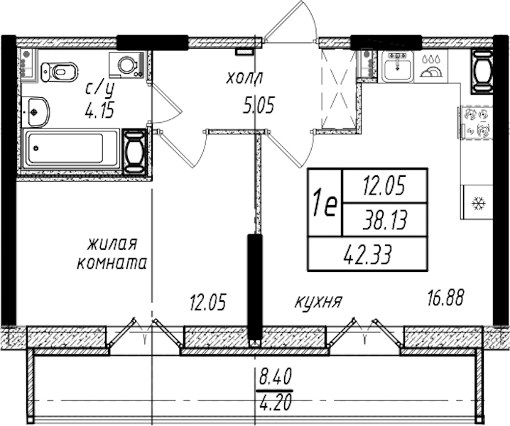 1-комнатная квартира 42.33 м², 13/25 эт., ЖК «Северная Долина»